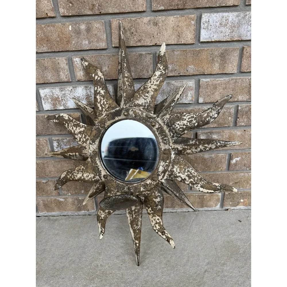 Vintage Y2k Metal Celestial Sunburst Mirror Candle Holder Bohemian 22